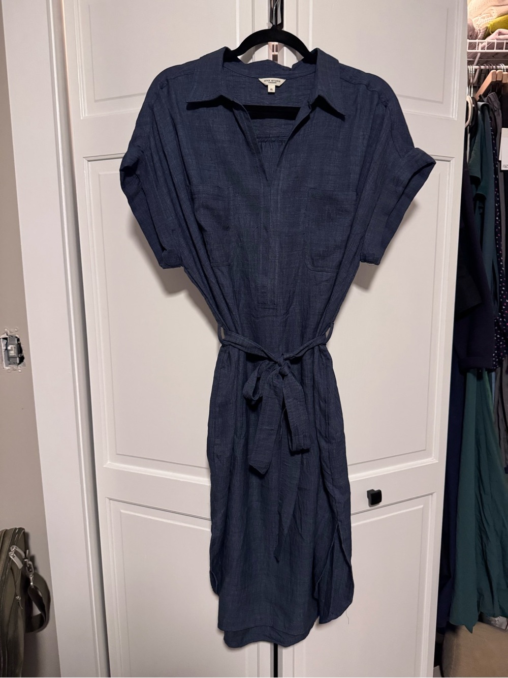 Max Studio Navy Short-Sleeve Midi Shirt Dress with Tie